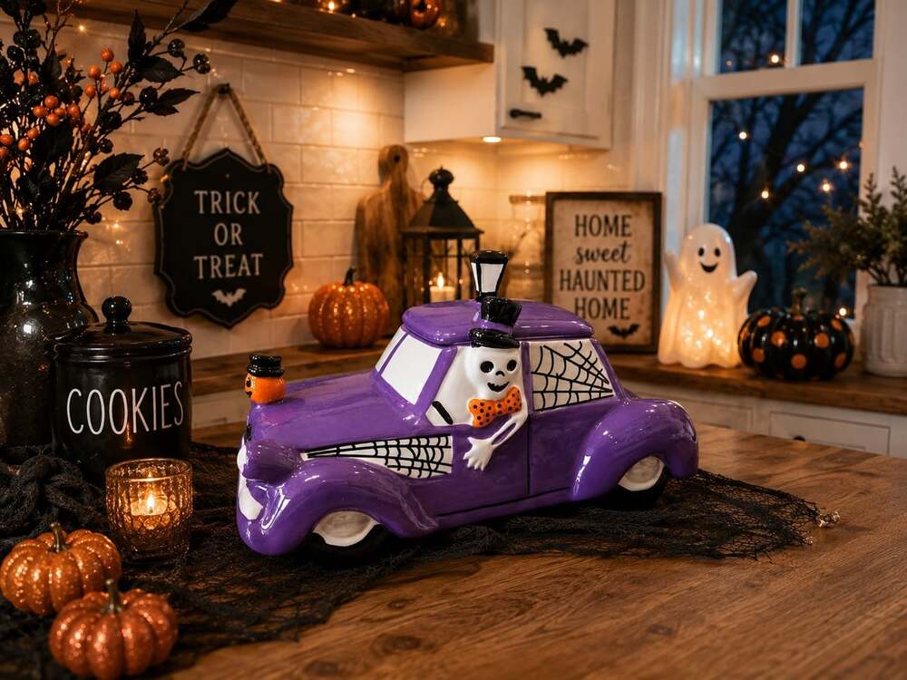 New Halloween Purple Skelton Driver Driving Taxi Cab Storage Kitchen Cookie Jar